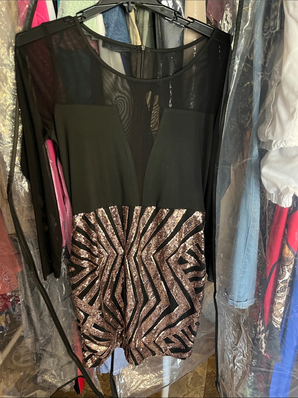 Black Mesh Bodice Sequin Skirt Party Dress
